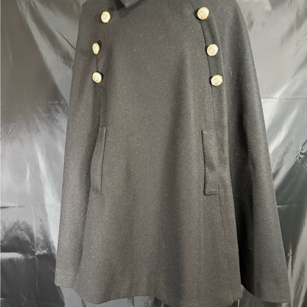 SHEIN Elegant Black Cape Coat with Gold Buttons SZ S - Picture 2 of 15